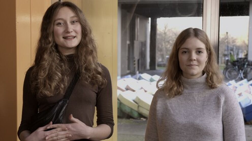 Foto: Blickfang-Moderatorinnen Felicia Kret & Talea Rullkötter (von links) auf dem Campus.