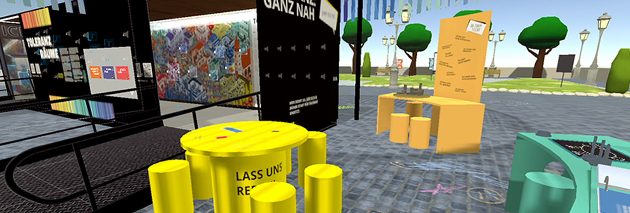 Ausgang der Ausstellung mit Blick auf ToleranzTreff und zwei weitere Außenstationen und den Nordpark