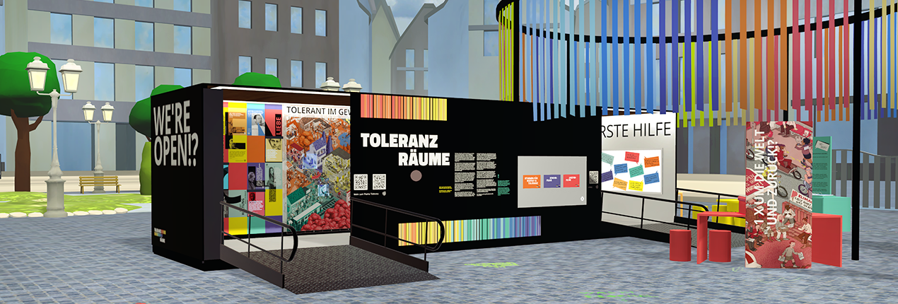 Eingang der Ausstellung mit animiertem Fähnchenring und Kreide-Details – ToleranRäume VR Anwendung © GamesLab und ZIM der Universität Paderborn