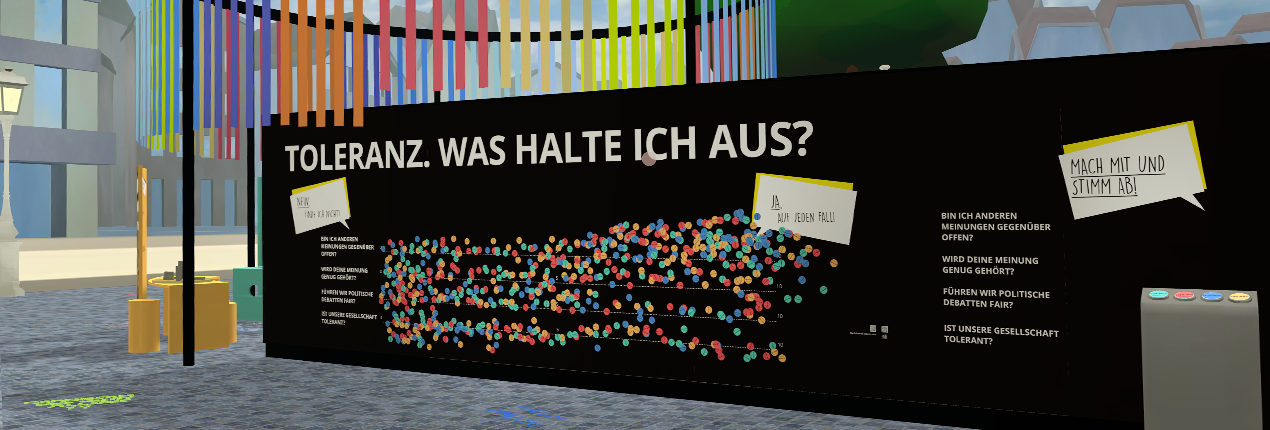 Rückwand der Ausstellung zeigt Sticker-Wand mit Fragen um Grenzen von Toleranz – ToleranRäume VR Anwendung © ZIM Entwicklung